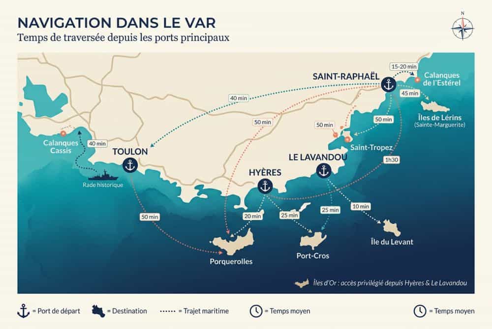 Carte des zones de navigation et temps de traversée depuis les principaux ports