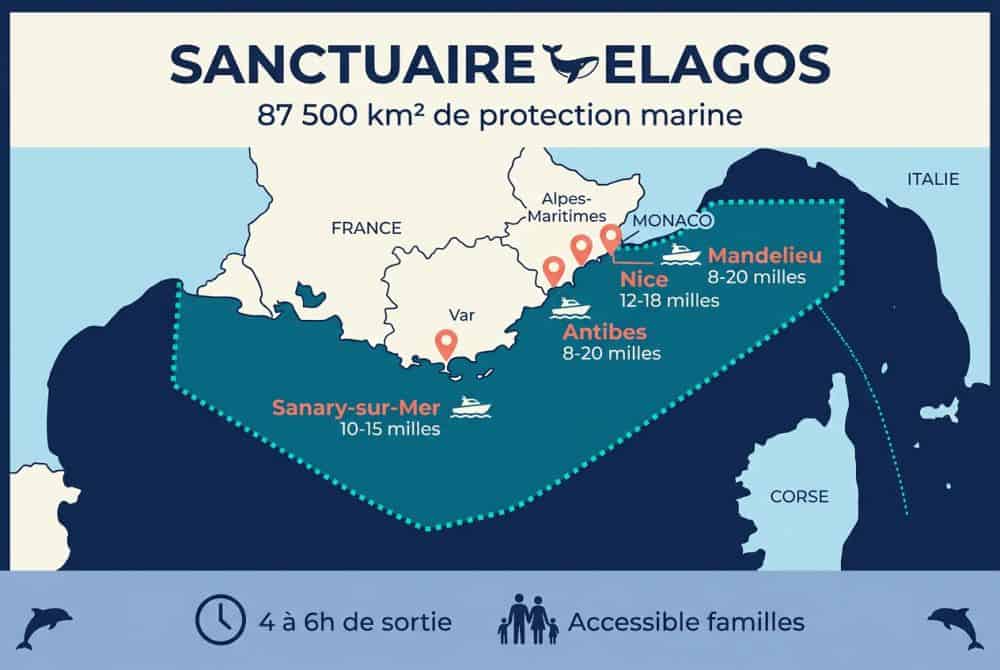 Les limites géographiques du sanctuaire et zones d'observation privilégiées